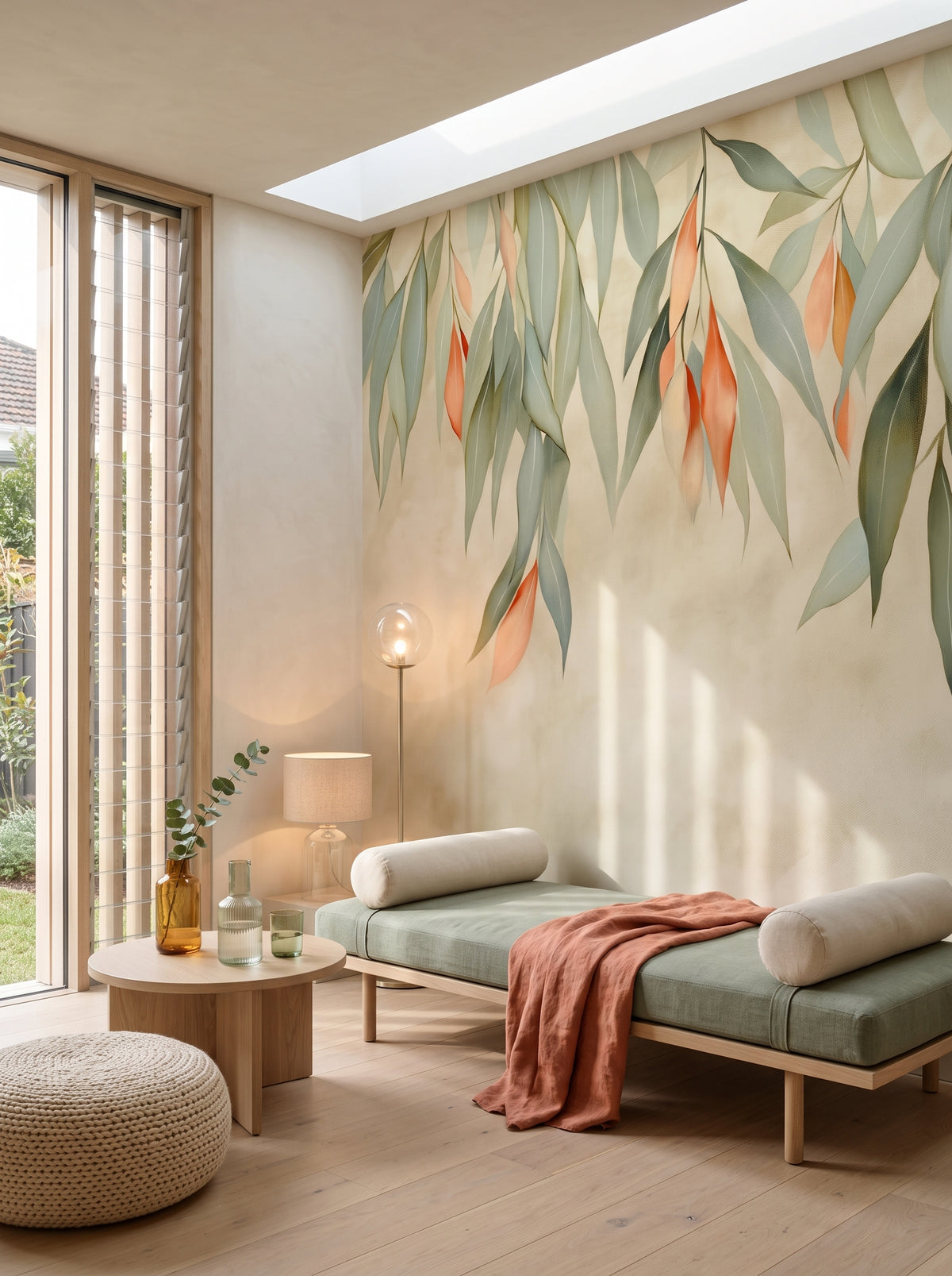 Künstlerische Fototapete „Whispering Leafs“ im Interieur: privater Wellnessraum in einer modernen Residenz.
