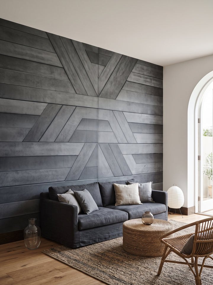 Fototapeta artystyczna o nazwie Geometric Pathways w aranżacji wnętrza: salon w eleganckim stylu boho.