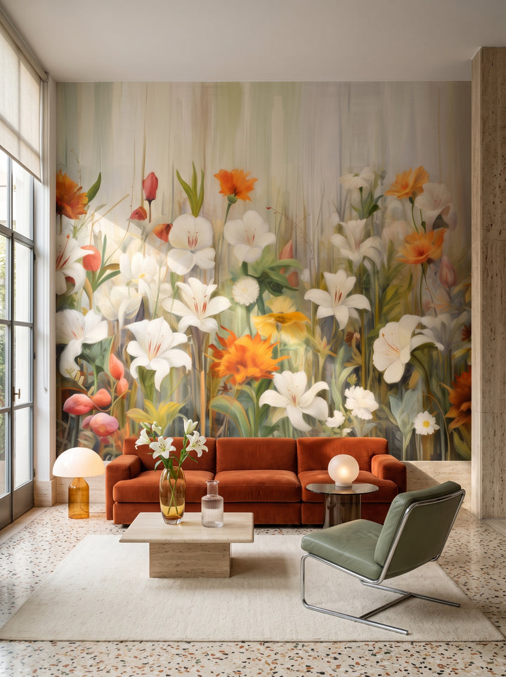 Fototapeta artystyczna o nazwie Floral Sunrise w aranżacji wnętrza: salon w mediolańskim apartamencie z lat 70..