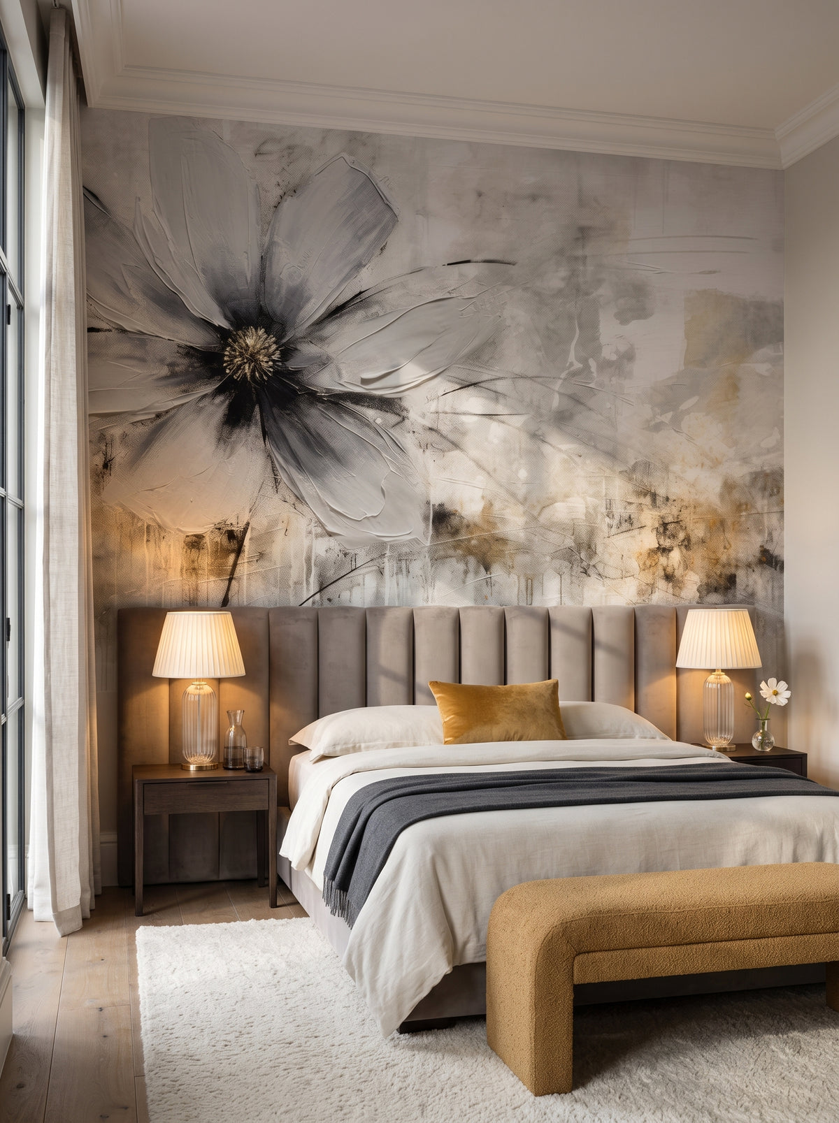 Fototapeta artystyczna o nazwie MONOCHROME FLORAL ELEGANCE w aranżacji wnętrza: apartament w pięciogwiazdkowym hotelu w stylu quiet luxury.