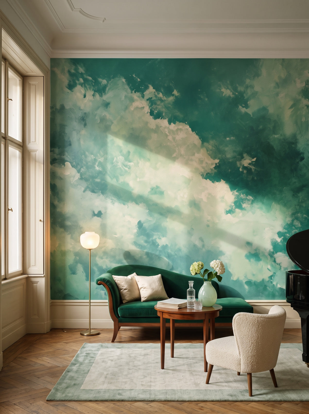 Künstlerische Fototapete „Verdant Whisper #2“ im Interieur: Musikzimmer in einem Wiener Altbau.