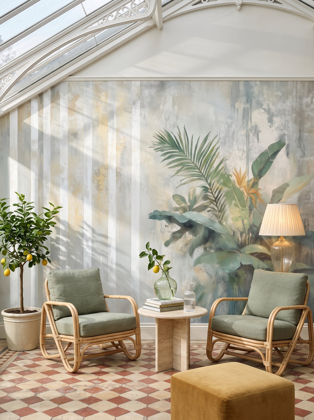 Fototapeta artystyczna o nazwie PALM ETHEREAL w aranżacji wnętrza: czytelnia w żeliwnej oranżerii.