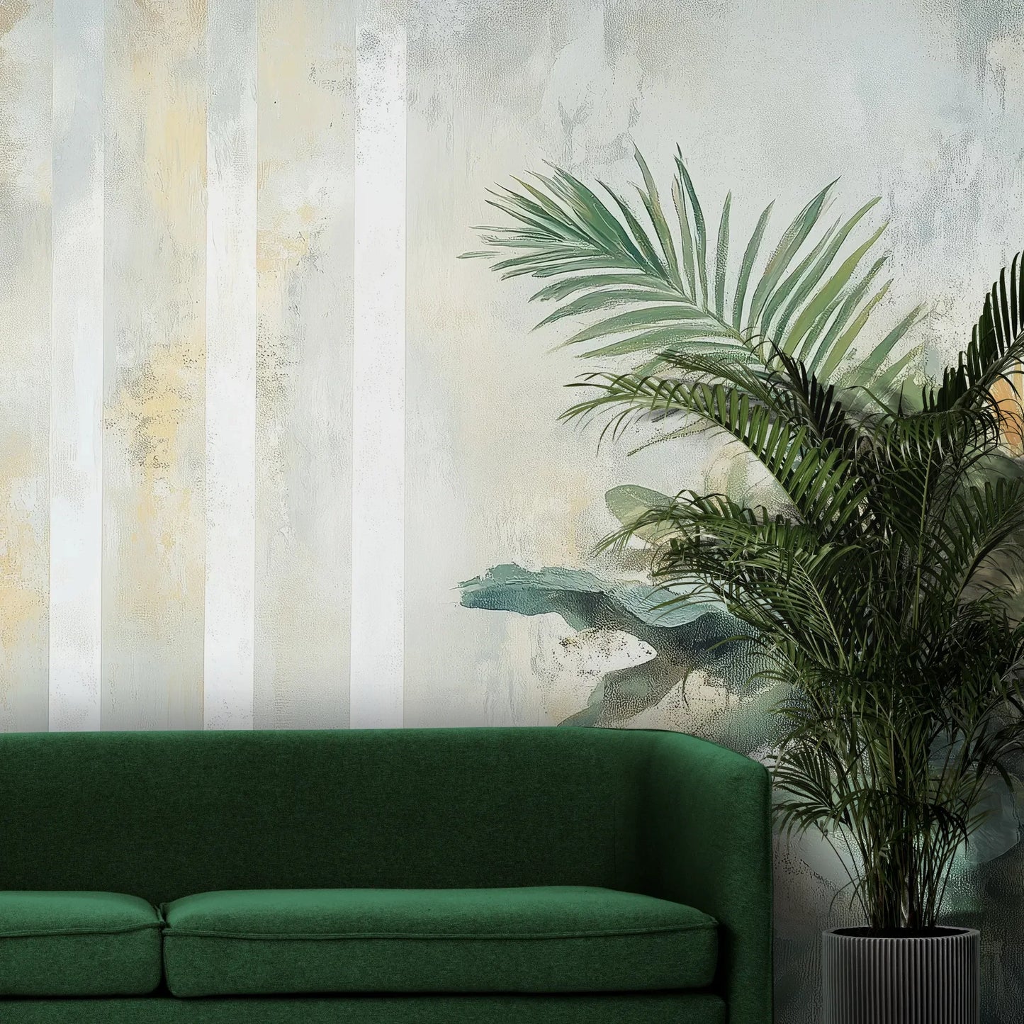Fototapeta PALM ETHEREAL - tapeta z tropikalną kompozycją w pastelowych odcieniach pokazana w aranżacji wnętrza z akcentem na ścianie.