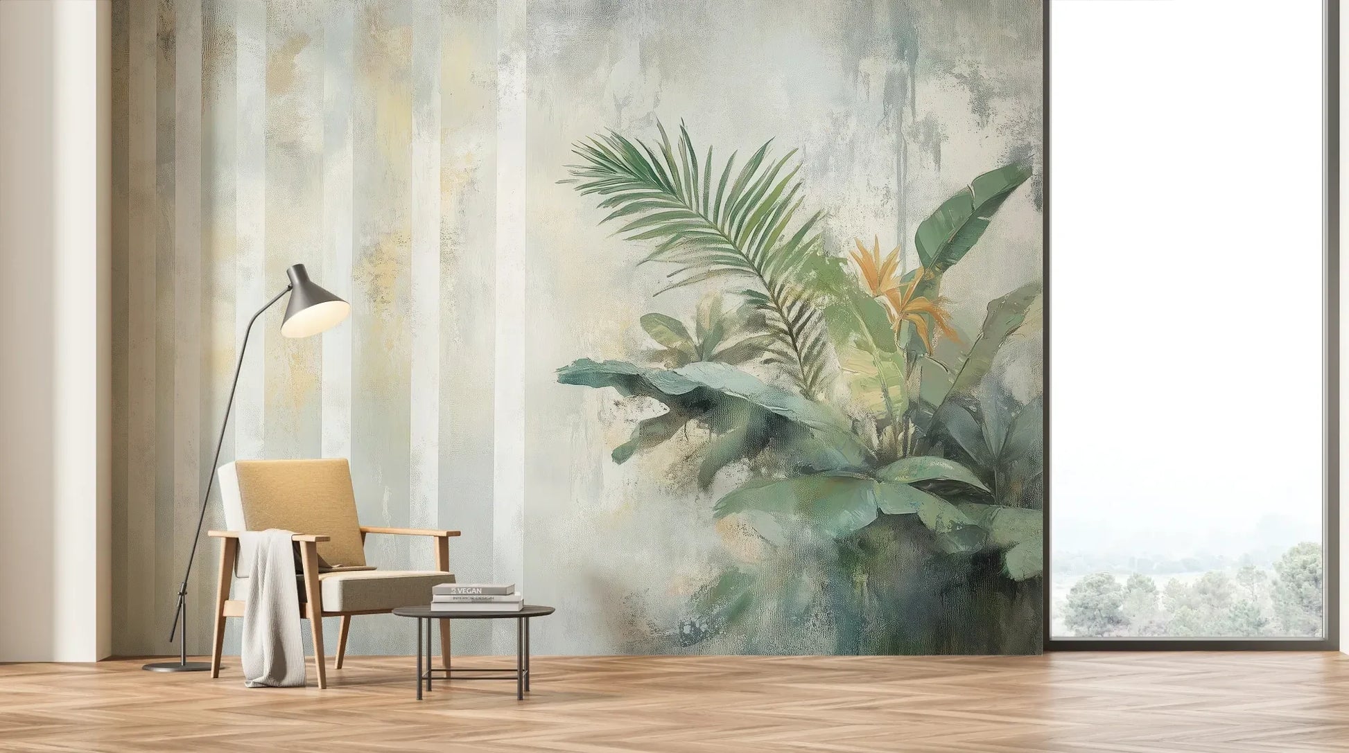 Wzór fototapety PALM ETHEREAL - tapeta z tropikalną kompozycją w pastelowych odcieniach pokazanej w aranżacji salonu.
