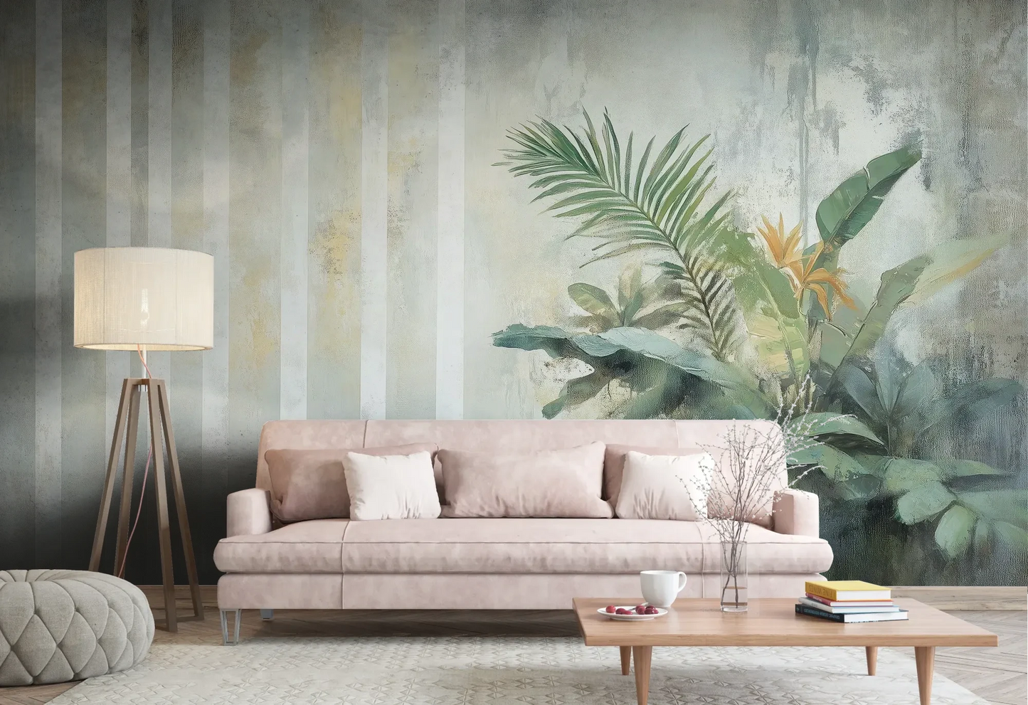 Wzór fototapety PALM ETHEREAL - tapeta z tropikalną kompozycją w pastelowych odcieniach pokazanej w aranżacji salonu.