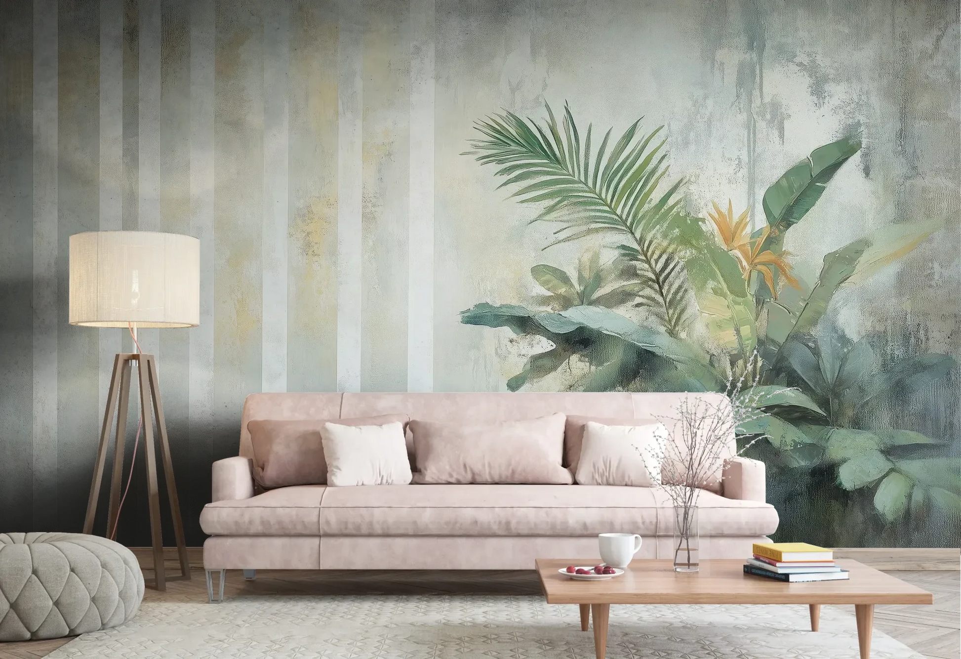 Wzór fototapety PALM ETHEREAL - tapeta z tropikalną kompozycją w pastelowych odcieniach pokazanej w aranżacji salonu.