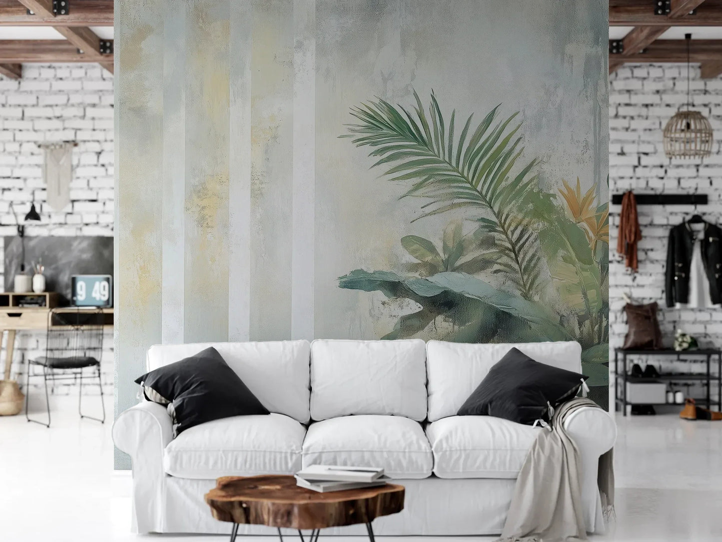 Wzór fototapety PALM ETHEREAL - tapeta z tropikalną kompozycją w pastelowych odcieniach pokazanej w aranżacji salonu.