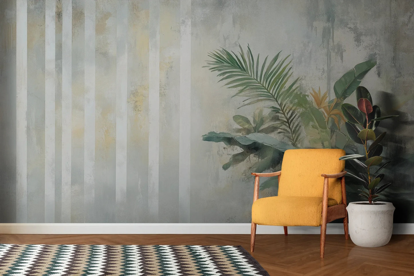 Wzór fototapety PALM ETHEREAL - tapeta z tropikalną kompozycją w pastelowych odcieniach pokazanej w aranżacji salonu.