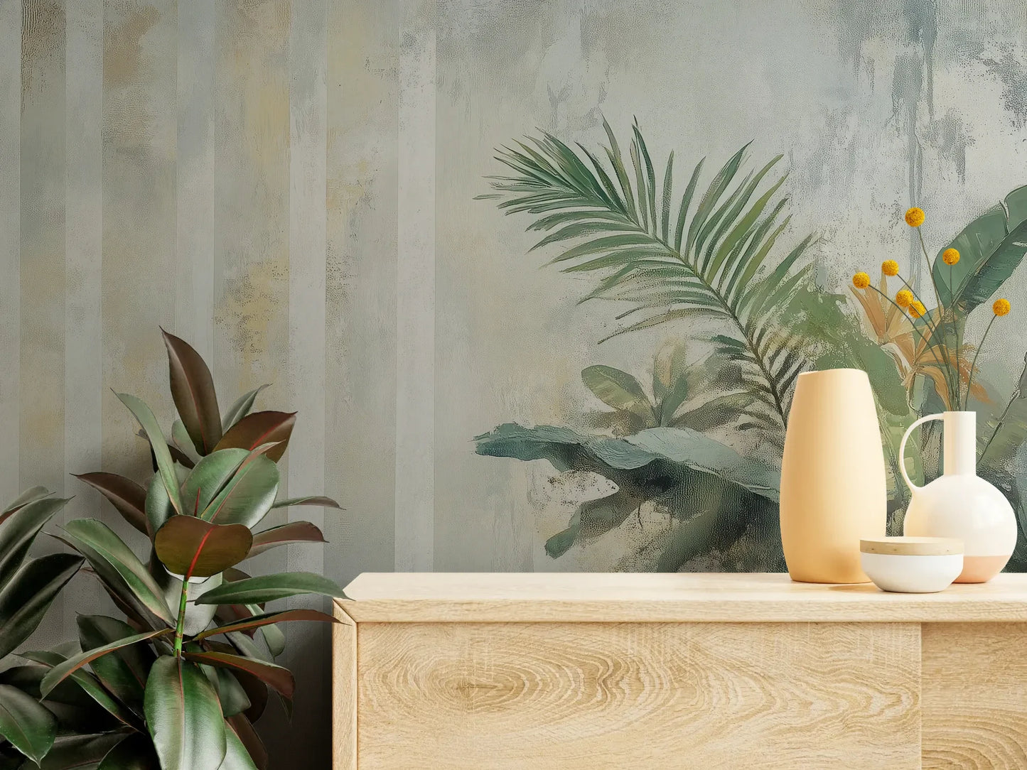 Fototapeta PALM ETHEREAL - tapeta z tropikalną kompozycją w pastelowych odcieniach pokazana w aranżacji wnętrza z akcentem na ścianie.