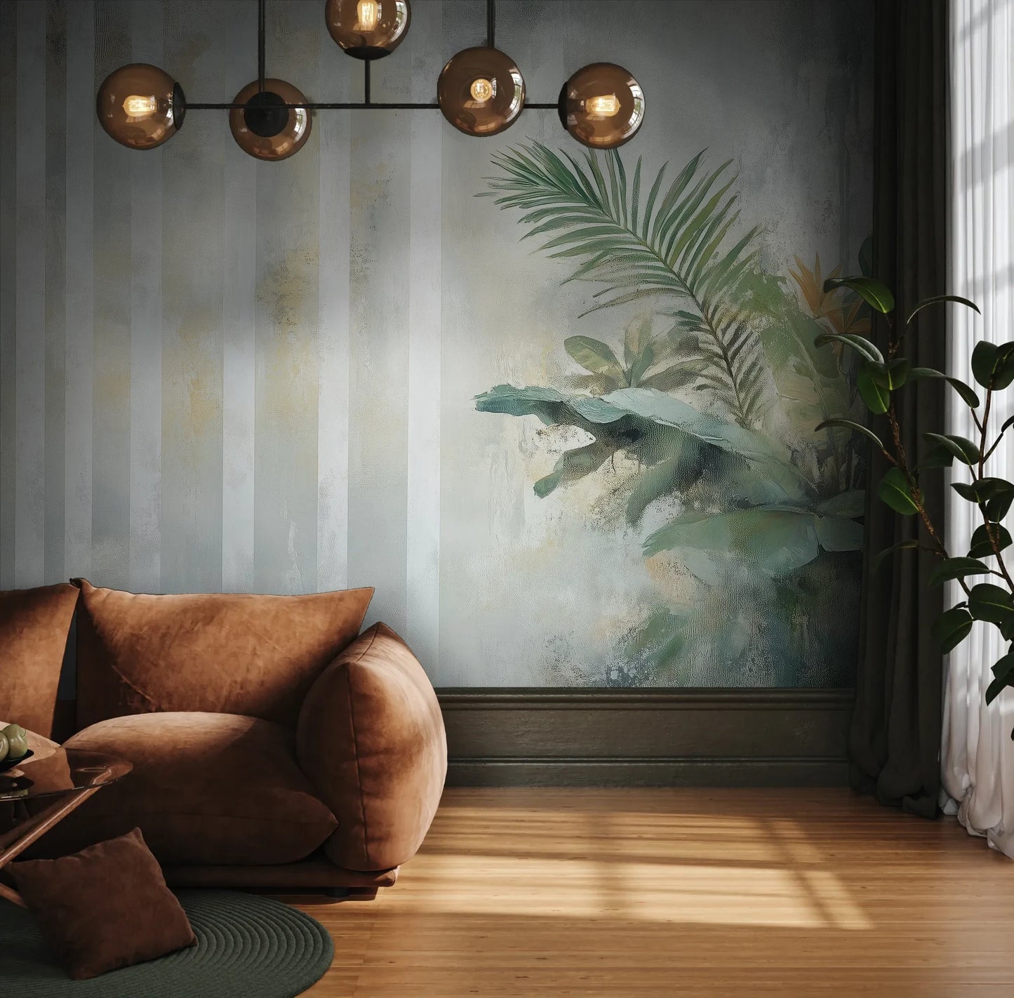 Fototapeta PALM ETHEREAL - tapeta z tropikalną kompozycją w pastelowych odcieniach pokazana w aranżacji wnętrza z akcentem na ścianie.