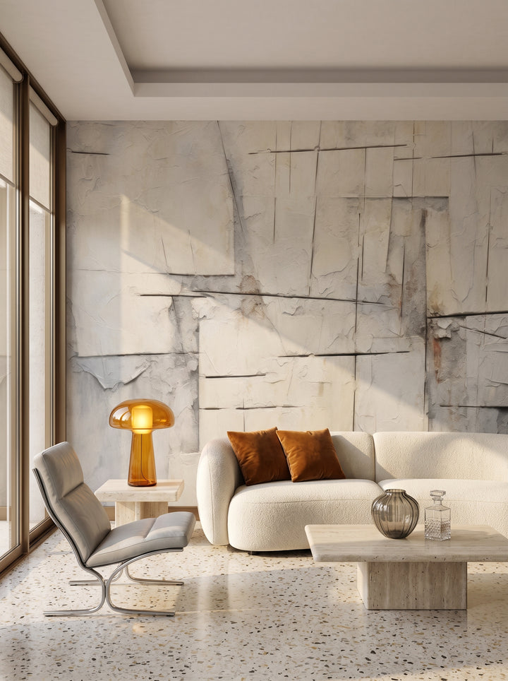 Fototapeta artystyczna o nazwie Abstract Plaster w aranżacji wnętrza: salon w mediolańskim apartamencie z lat 70..