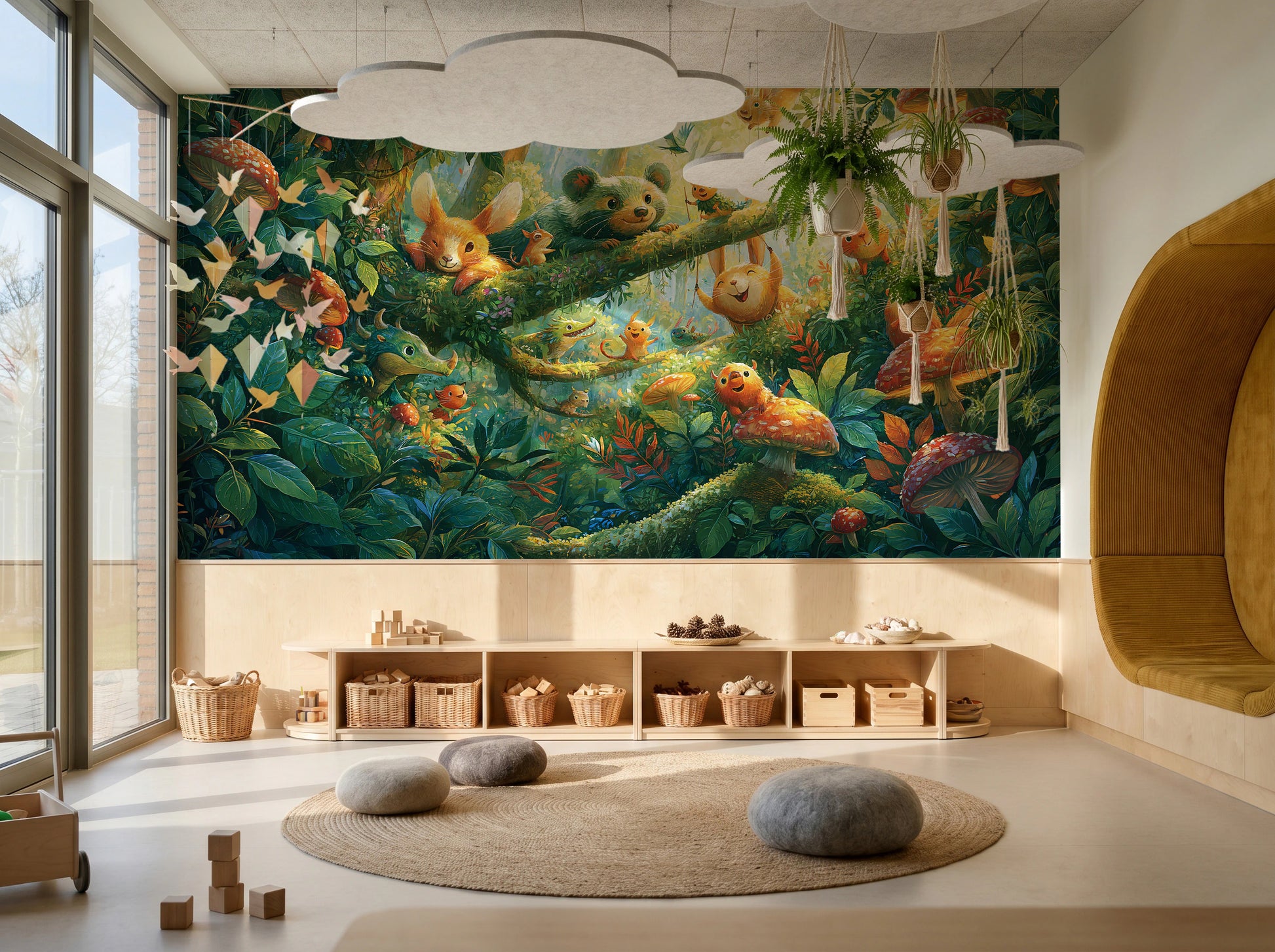 MOSSY BRANCH - tapeta z leśnymi zwierzątkami wśród muchomorów — KIDS — Playroom 02