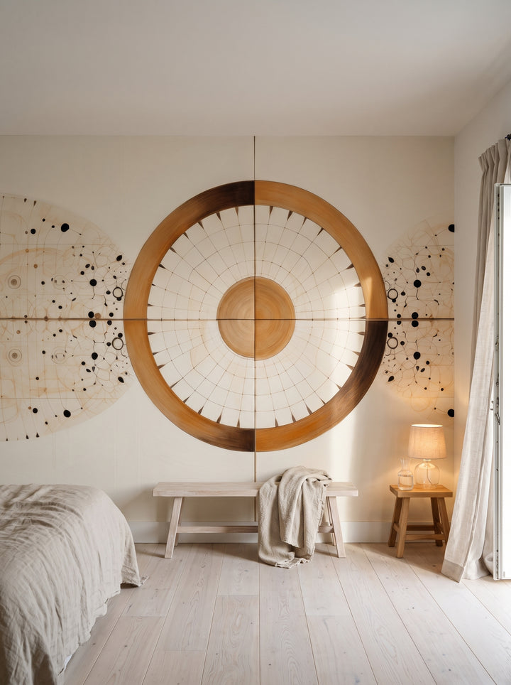 Fototapeta artystyczna o nazwie ORBITAL HARMONY IN WOODEN HUES w aranżacji wnętrza: sypialnia w nadmorskiej rezydencji.