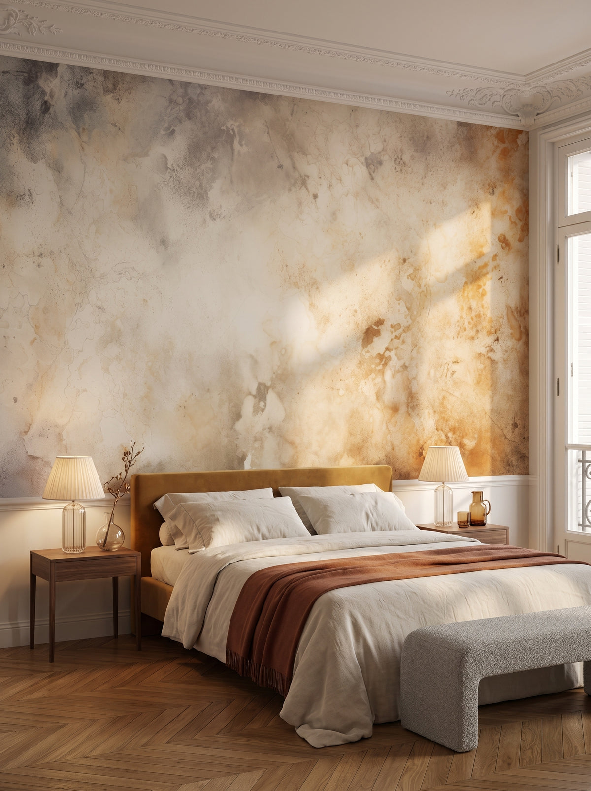 Fototapeta artystyczna o nazwie TERRA CLOUDS ABSTRACTION w aranżacji wnętrza: sypialnia w paryskim apartamencie.