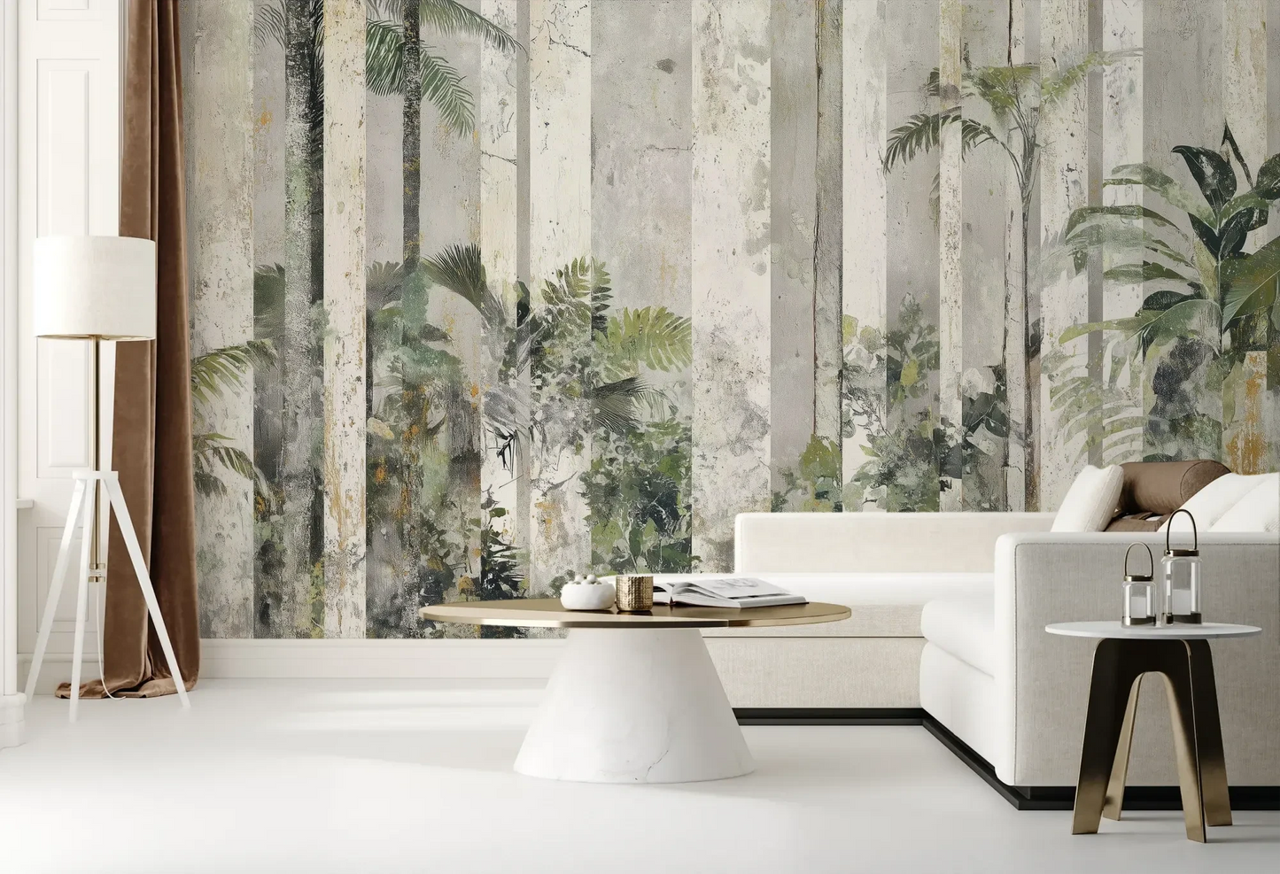 Wzór fototapety SILVER BIRCH - tapeta z leśnymi kolumnami we mgle pokazanej w aranżacji salonu.