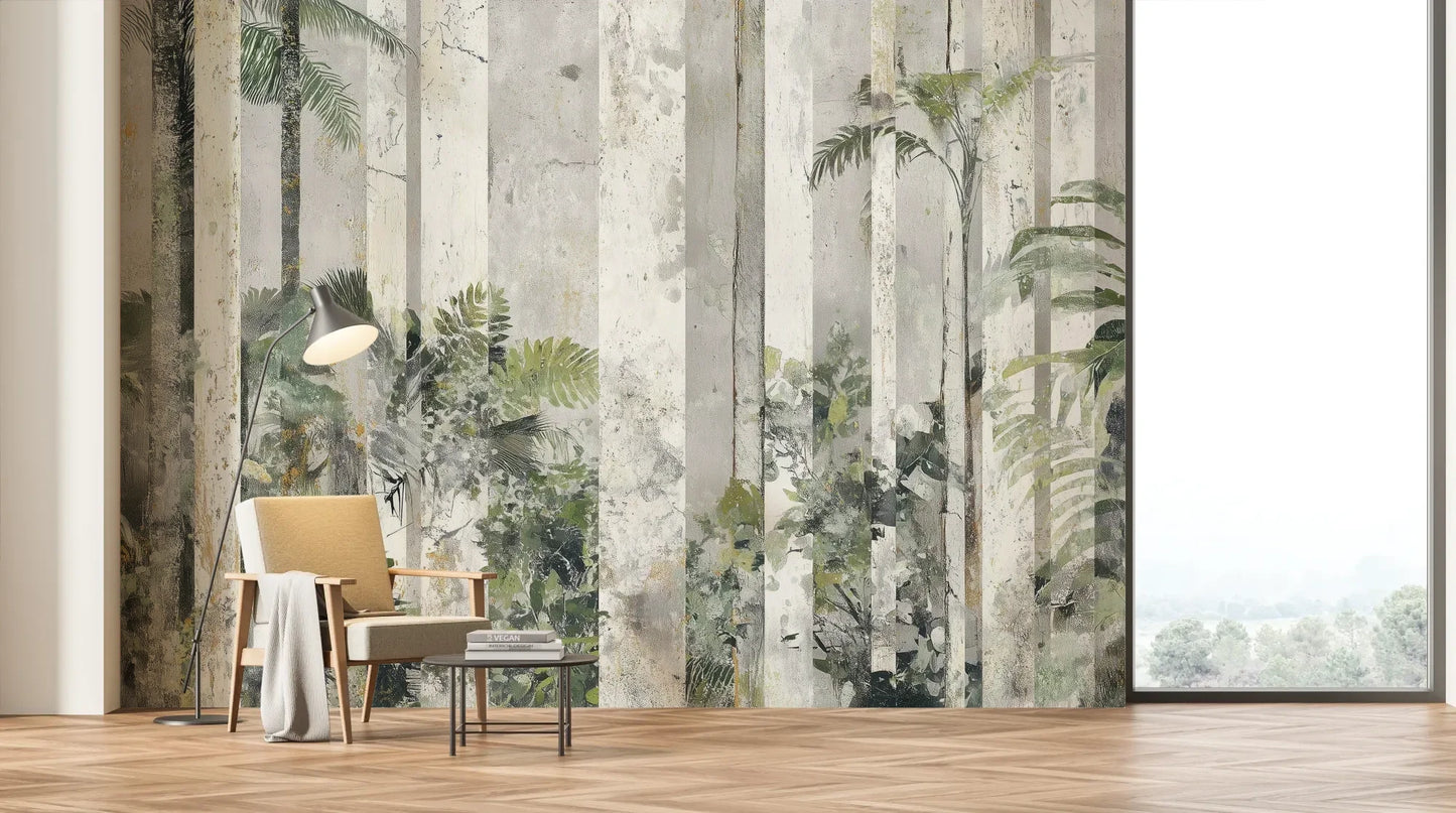 Wzór fototapety SILVER BIRCH - tapeta z leśnymi kolumnami we mgle pokazanej w aranżacji salonu.