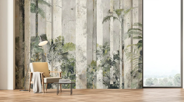 Wzór fototapety SILVER BIRCH - tapeta z leśnymi kolumnami we mgle pokazanej w aranżacji salonu.