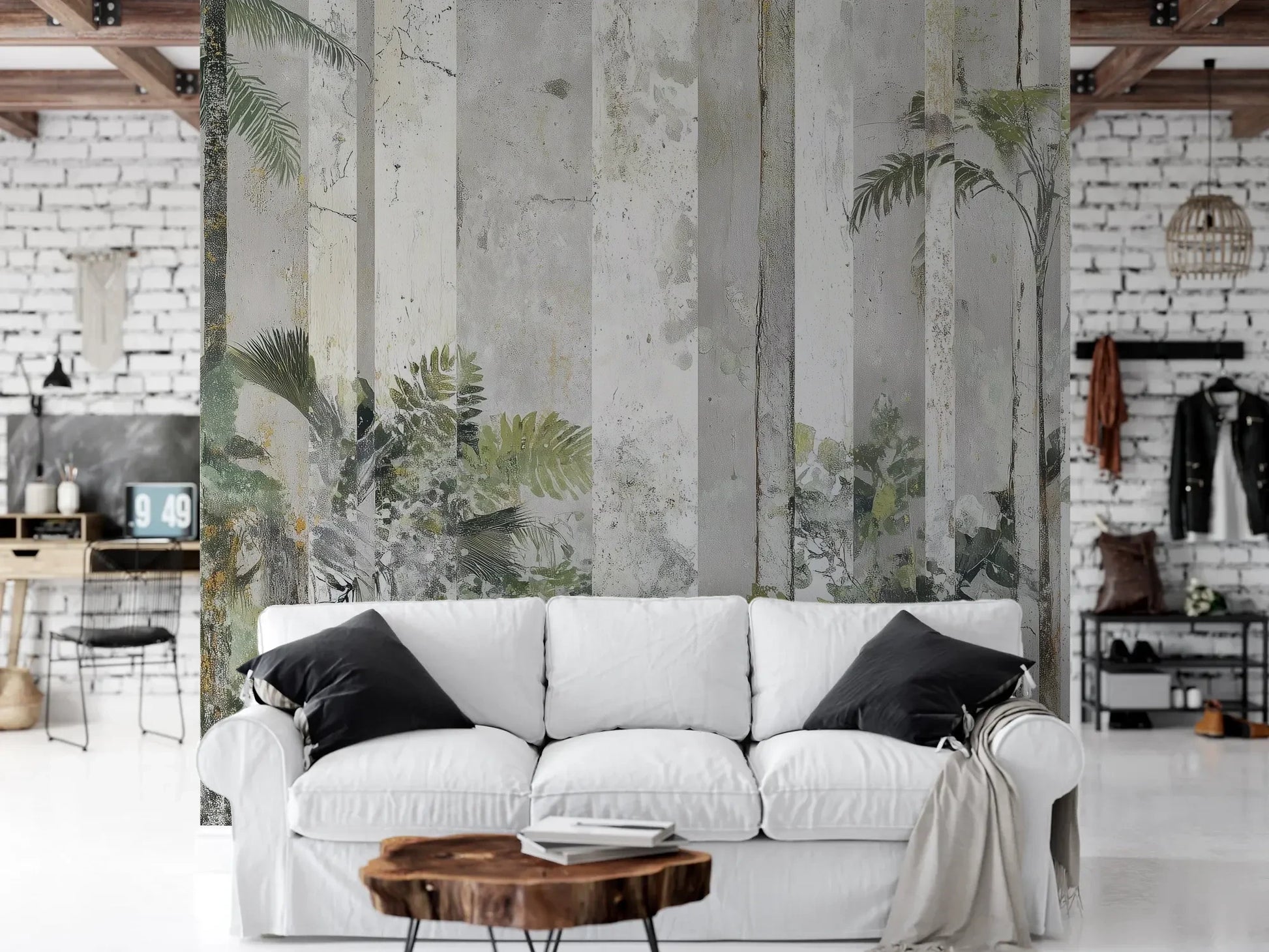 Wzór fototapety SILVER BIRCH - tapeta z leśnymi kolumnami we mgle pokazanej w aranżacji salonu.