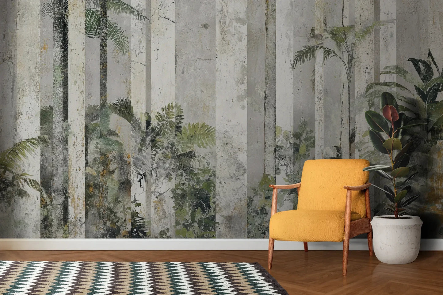 Wzór fototapety SILVER BIRCH - tapeta z leśnymi kolumnami we mgle pokazanej w aranżacji salonu.