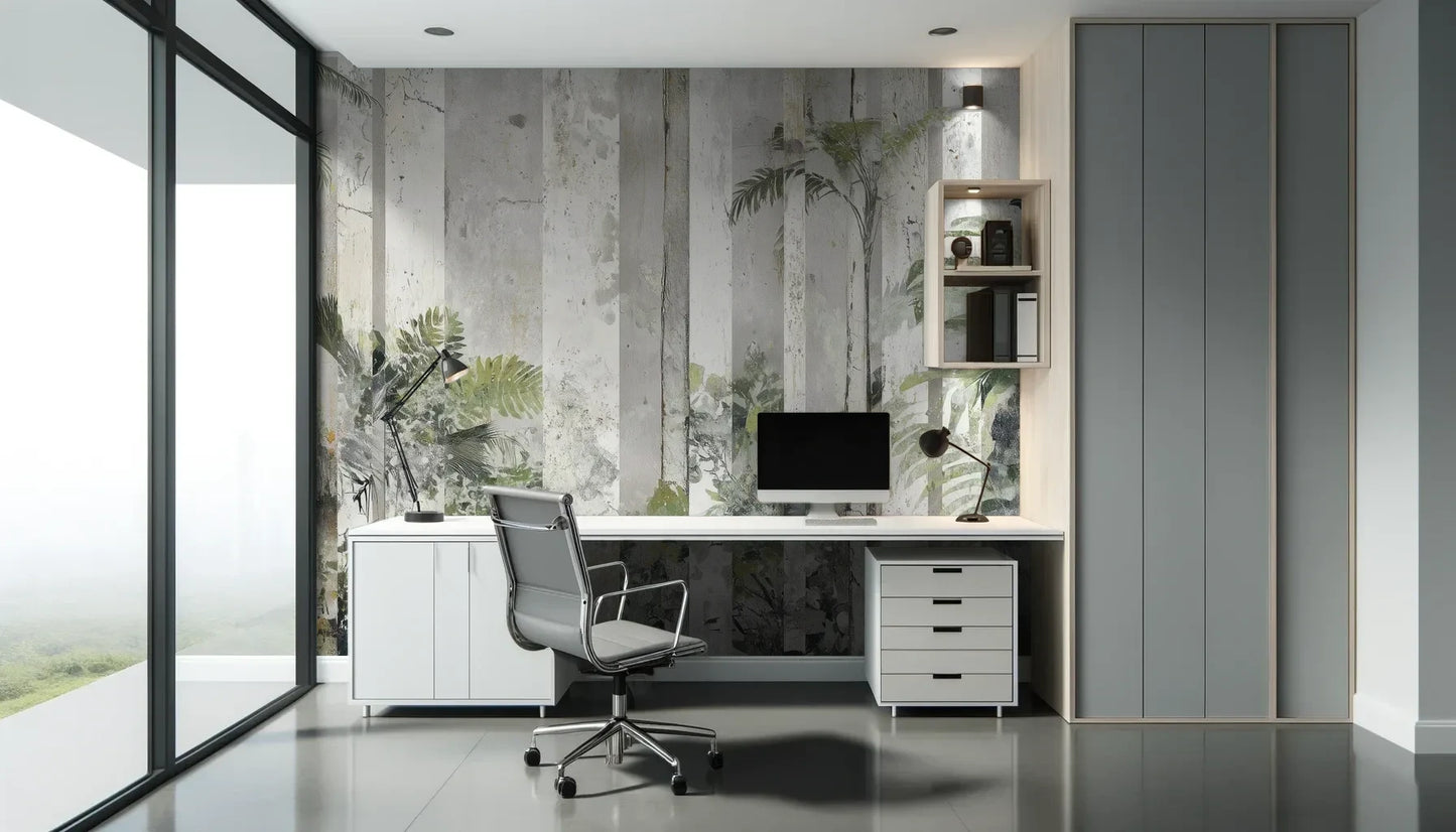 Fototapeta SILVER BIRCH - tapeta z leśnymi kolumnami we mgle pokazana w aranżacji biura.