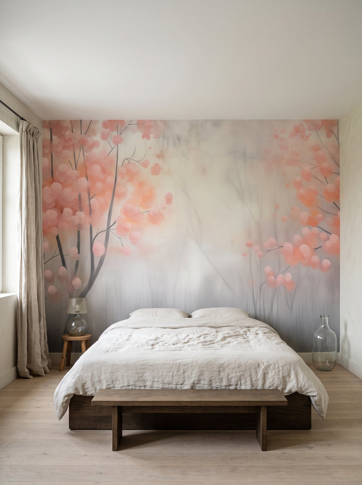 Fototapeta artystyczna o nazwie Berry Mist w aranżacji wnętrza: spokojna sypialnia w stylu wabi-sabi.