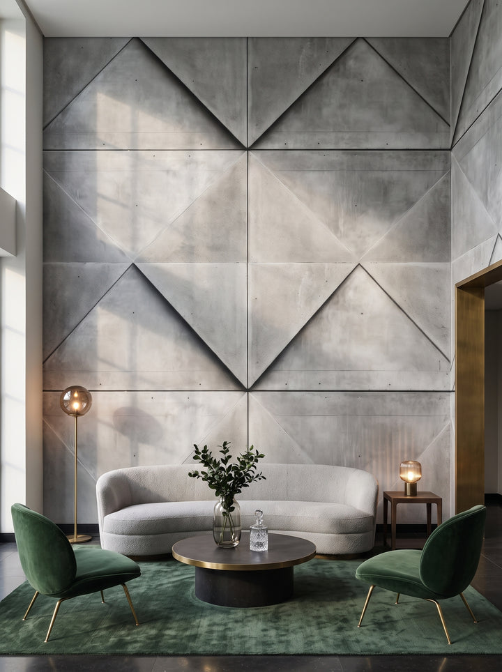 Fototapeta artystyczna o nazwie Concrete Fusion w aranżacji wnętrza: lobby lounge butikowego hotelu designerskiego.