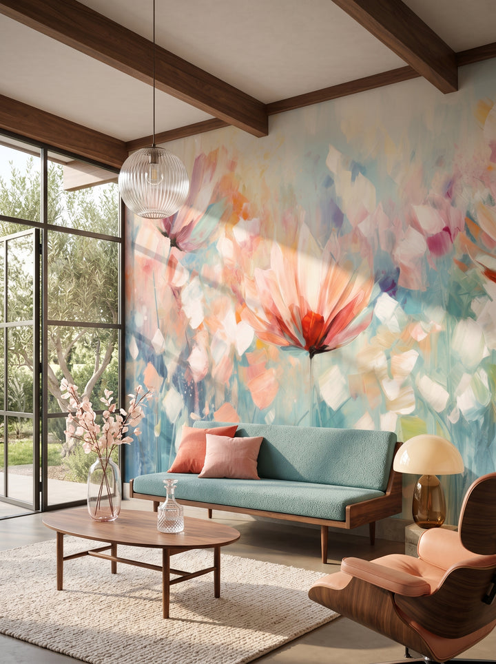 Fototapeta artystyczna o nazwie Serene Flora #3 w aranżacji wnętrza: salon w kalifornijskim domu z połowy XX wieku.