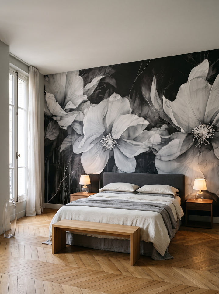 Fototapeta artystyczna o nazwie CHARCOAL FLORAL CASCADE w aranżacji wnętrza: sypialnia w eleganckim paryskim apartamencie.