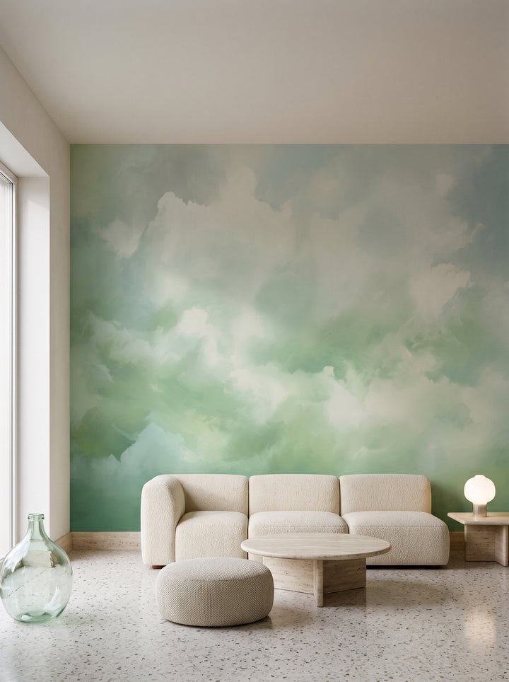 Fototapeta artystyczna o nazwie Mint Serenity w aranżacji wnętrza: salon w mediolańskim modernizmie lat 70..