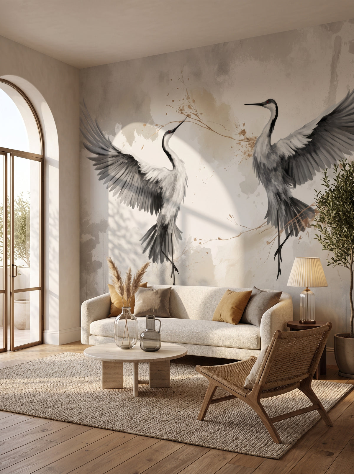 Fototapeta artystyczna o nazwie Wings of Freedom w aranżacji wnętrza: salon w wyrafinowanym stylu boho z łukowym wyjściem na taras.