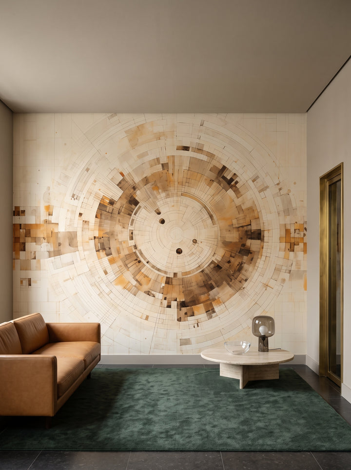 Fototapeta artystyczna o nazwie PIXELATED VORTEX IN EARTHEN TONES w aranżacji wnętrza: lobby w butikowym hotelu designerskim.