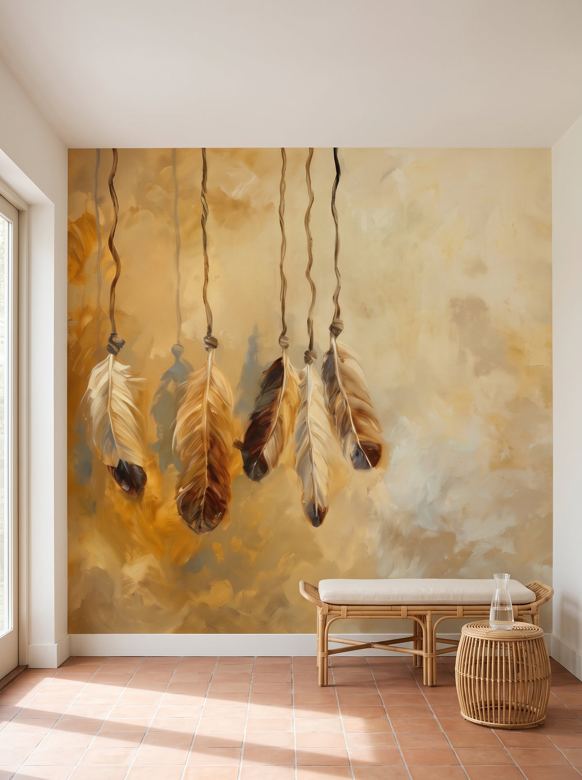 Fototapeta artystyczna o nazwie Amber Sunrise w aranżacji wnętrza: oranżeria-czytelnia z rattanem.