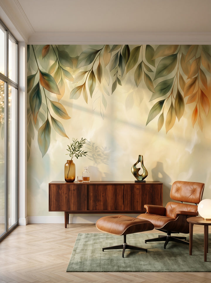 Fototapeta artystyczna o nazwie Golden Dawn w aranżacji wnętrza: salon kolekcjonera w stylu mid-century modern.