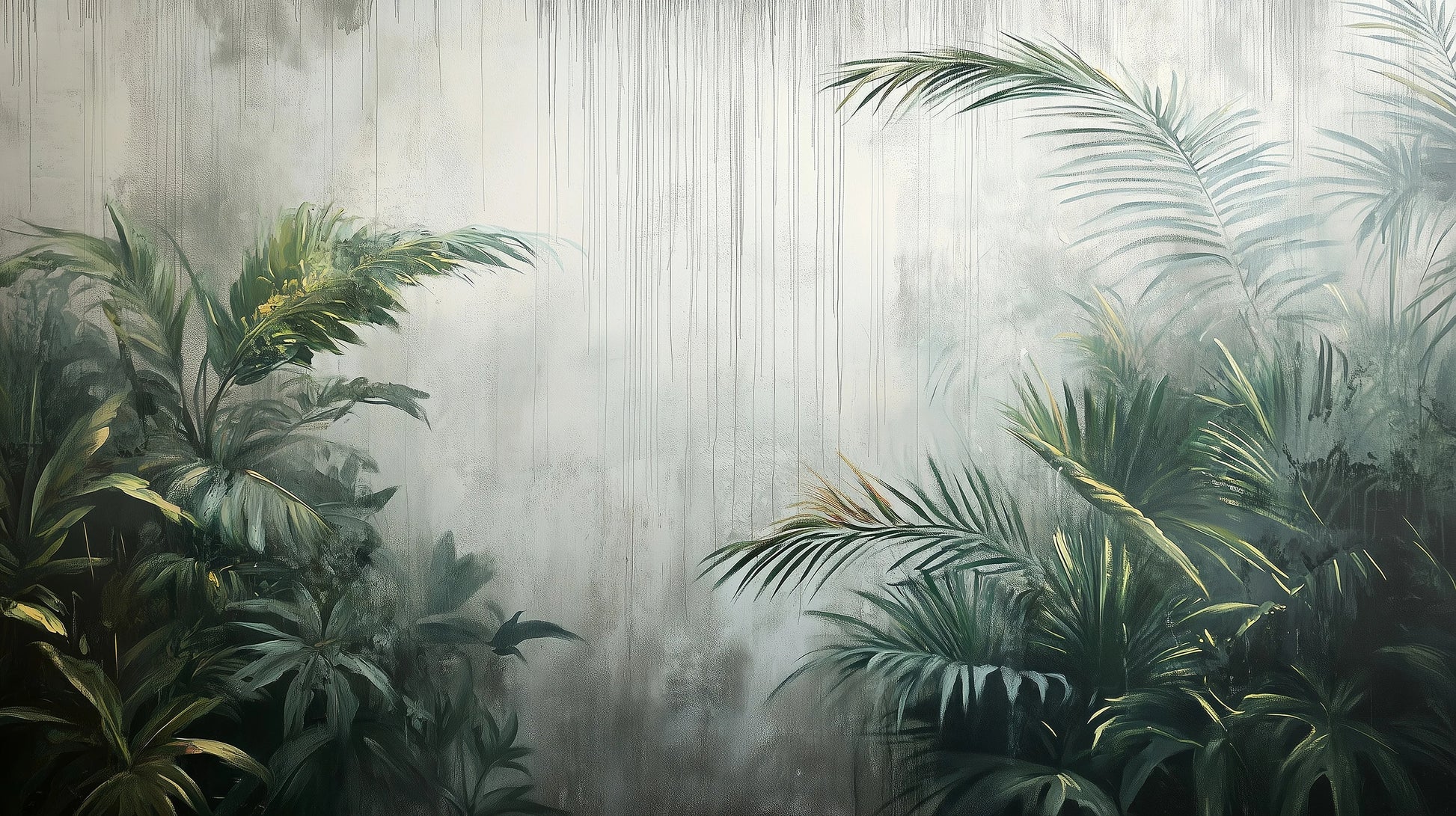 Prezentacja całego wzoru fototapety o nazwie RAINFOREST VEIL - tapeta z tropikalną mgłą i palmami