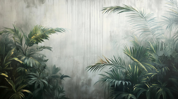 Prezentacja całego wzoru fototapety o nazwie RAINFOREST VEIL - tapeta z tropikalną mgłą i palmami