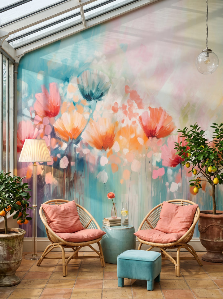 Fototapeta artystyczna o nazwie Blossom Rain w aranżacji wnętrza: czytelnia w oranżerii z żeliwnym przeszkleniem.
