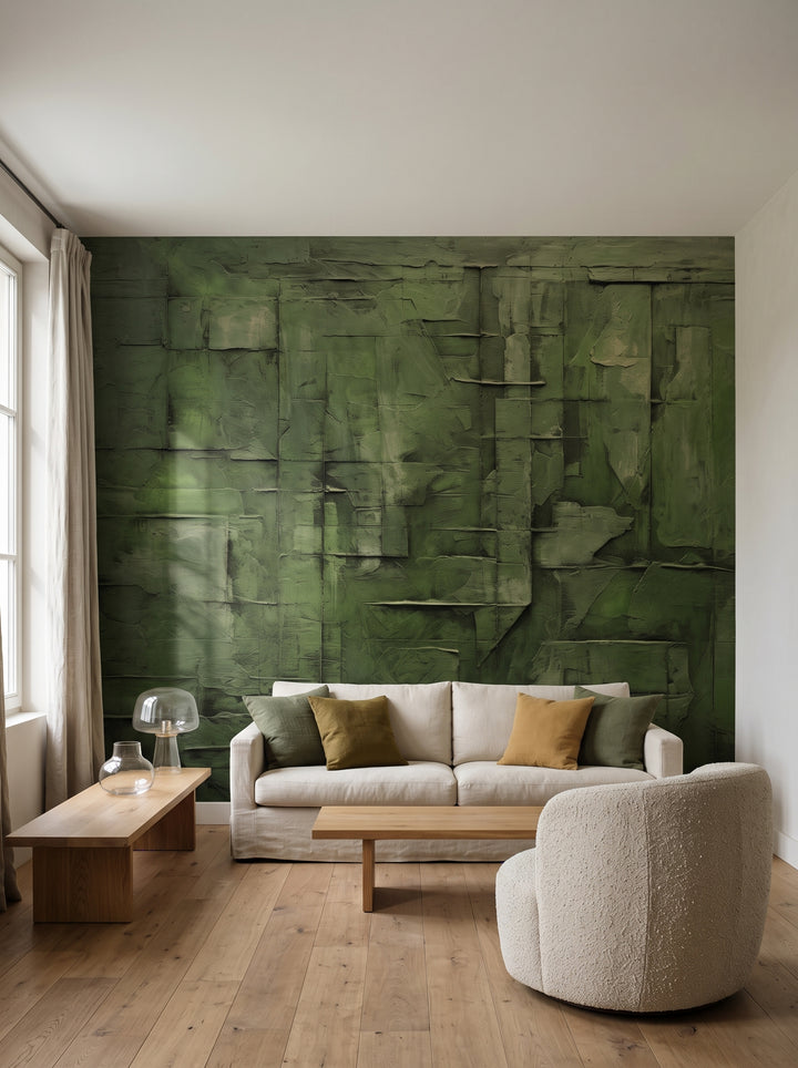Fototapeta artystyczna o nazwie Emerald Geometry w aranżacji wnętrza: salon wypoczynkowy w nowoczesnym domu na wsi.
