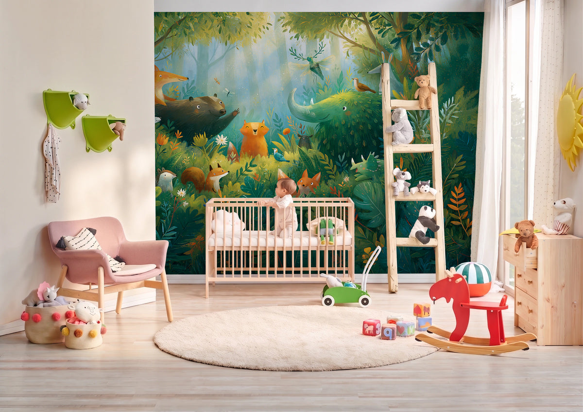 SUNLIT THICKET - malarska tapeta z leśnymi zwierzętami — BABY'S ROOM WITH A COT AND A BABY