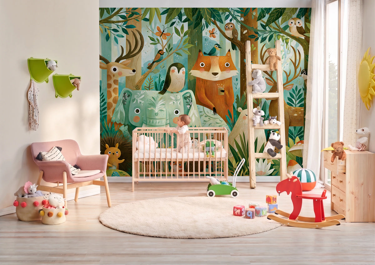 EMERALD THICKET - malarska tapeta z leśnymi zwierzętami — BABY'S ROOM WITH A COT AND A BABY