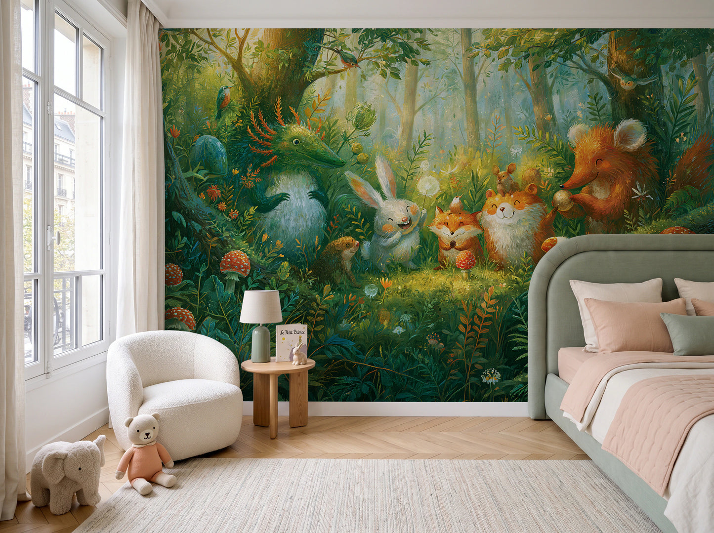 MUSHROOM CIRCLE - malowana leśna polana ze zwierzętami — children's room with window