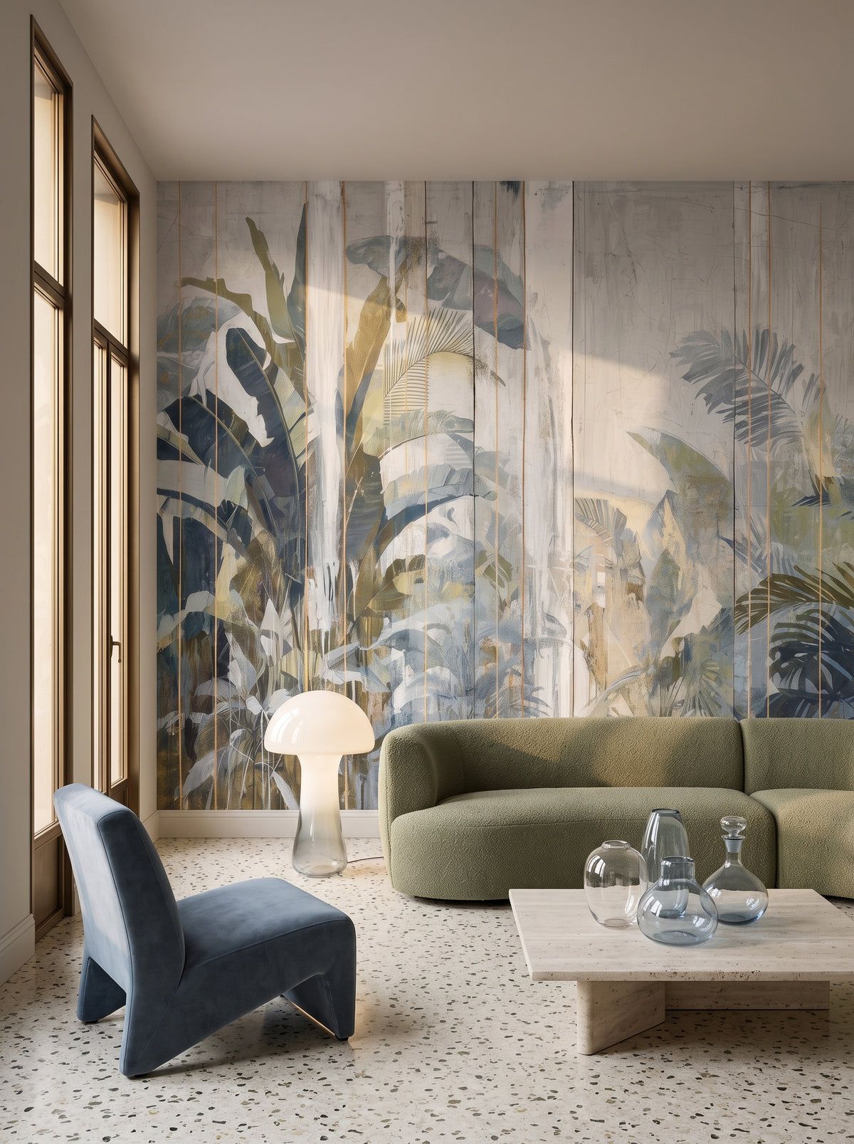 Fototapeta artystyczna o nazwie PALM REFLECTIONS w aranżacji wnętrza: salon w mediolańskim apartamencie z lat 70..