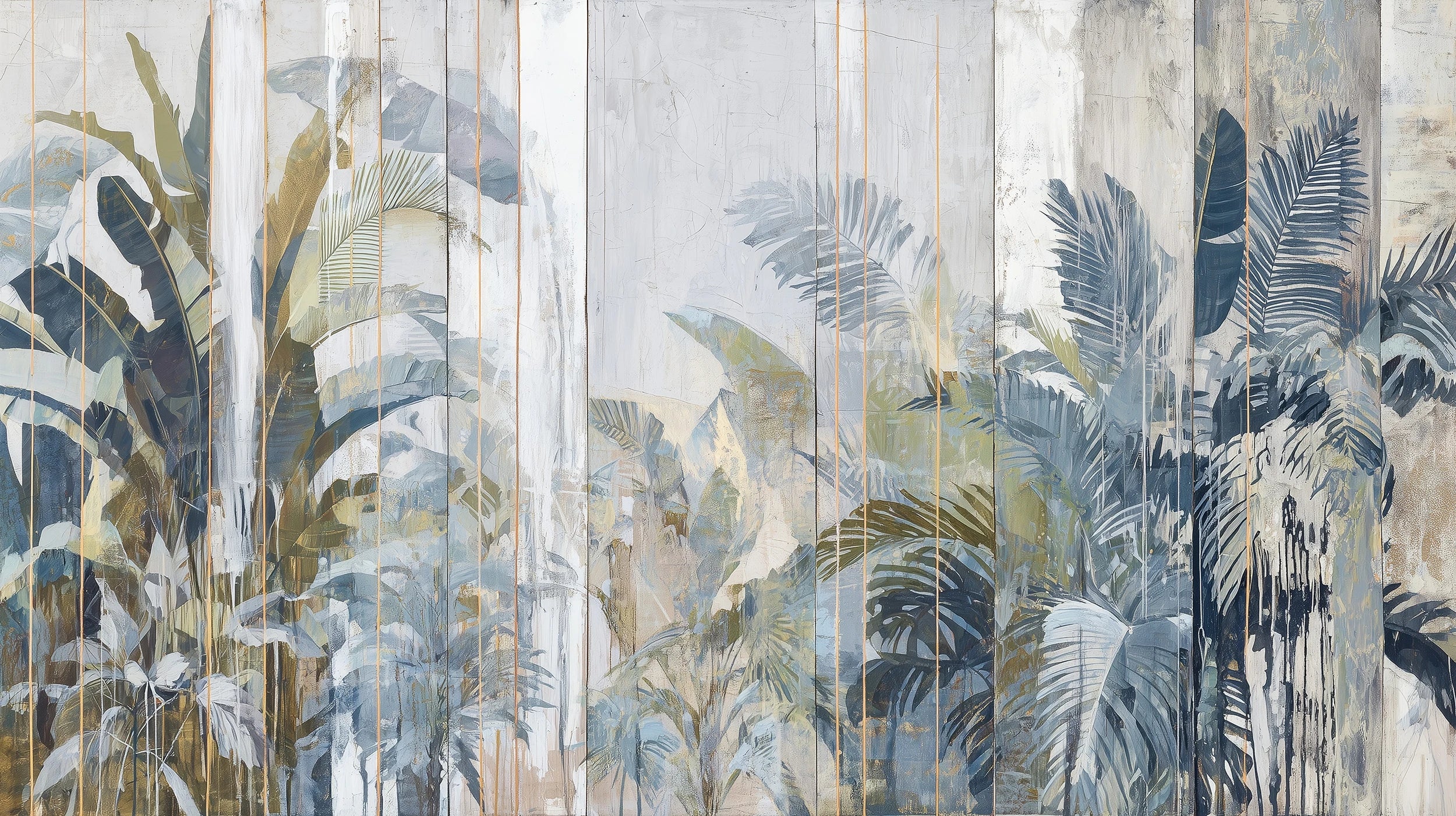 Pattern preview: Prezentacja całego wzoru fototapety o nazwie PALM REFLECTIONS - tapeta z tropikalnymi liśćmi w pastelowych odcieniach