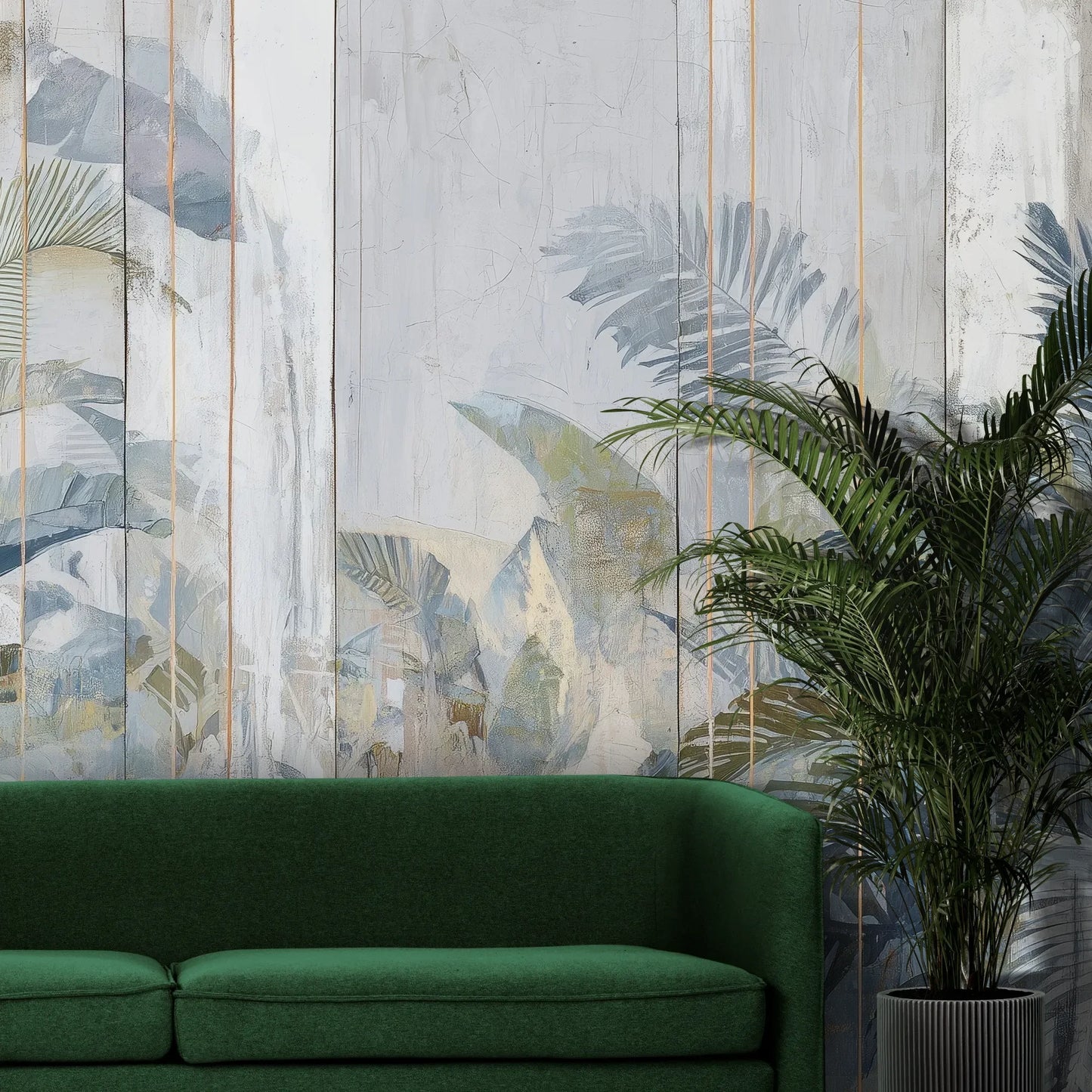 Fototapeta PALM REFLECTIONS - tapeta z tropikalnymi liśćmi w pastelowych odcieniach pokazana w aranżacji wnętrza z akcentem na ścianie.