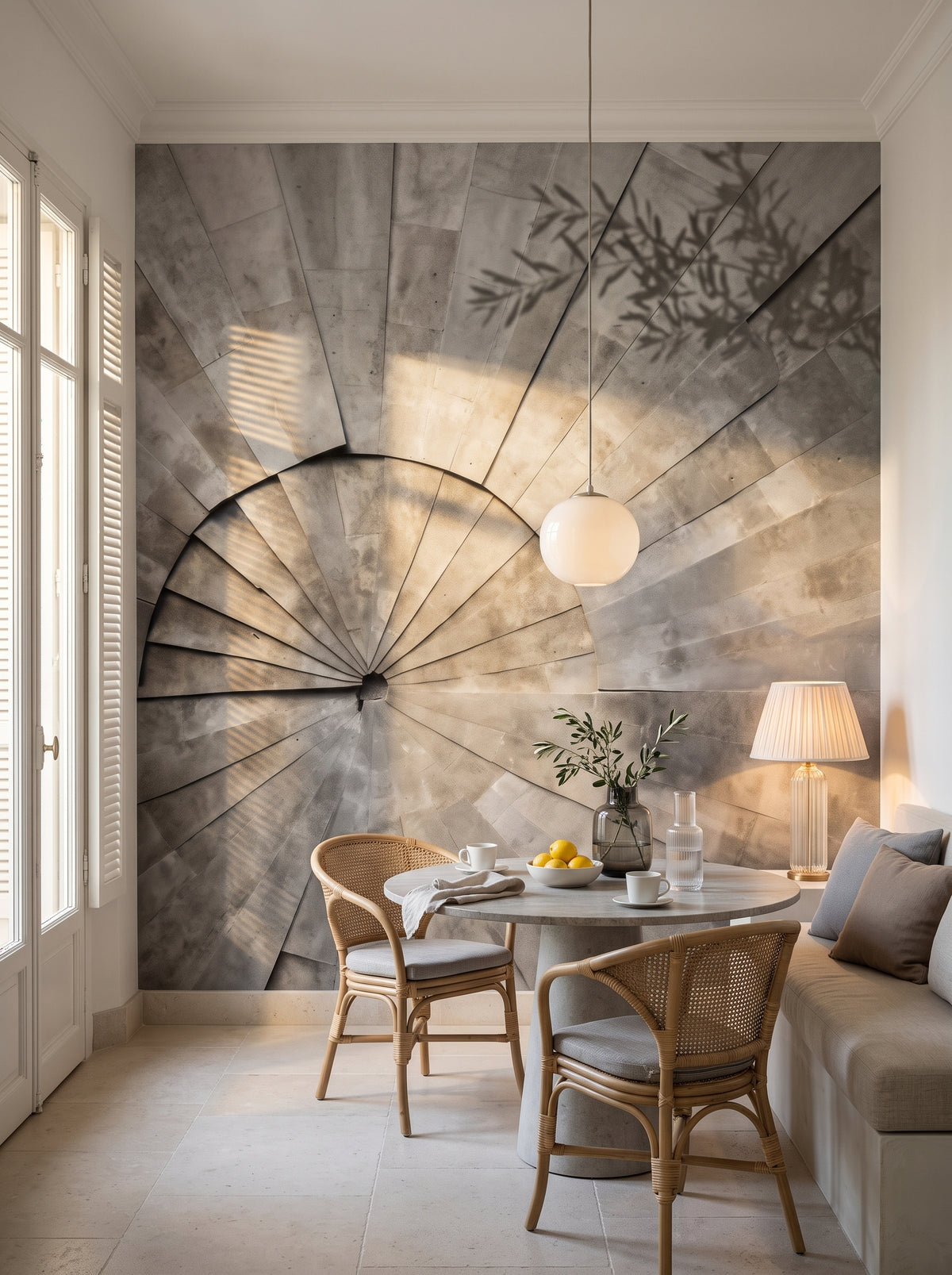 Papier peint panoramique artistique « Sunray Stone » dans un intérieur : coin petit-déjeuner dans une villa sur la Côte d'Azur.