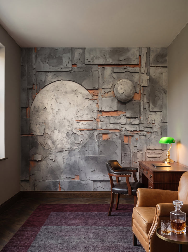 Fototapeta artystyczna o nazwie Lunar Concrete w aranżacji wnętrza: prywatna biblioteka w angielskim stylu klubowym.
