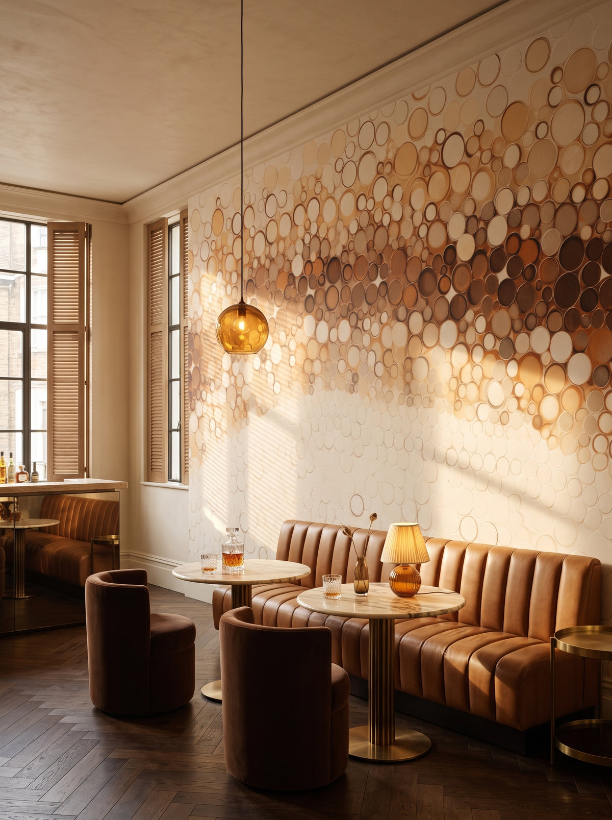 Fototapeta artystyczna o nazwie AMBER BUBBLES CASCADE w aranżacji wnętrza: bar lounge w butikowym hotelu.
