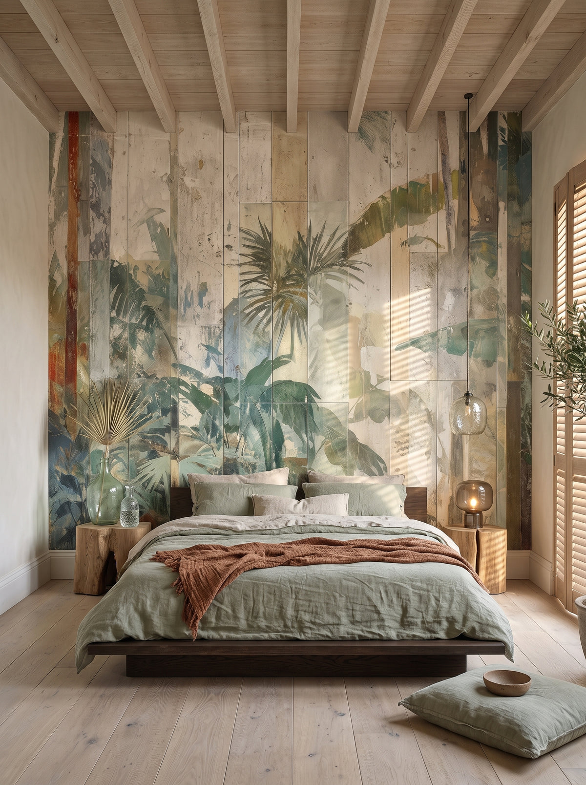 Fototapeta artystyczna o nazwie TROPICAL SANCTUM w aranżacji wnętrza: sypialnia wabi-sabi w domu z wapiennym tynkiem.