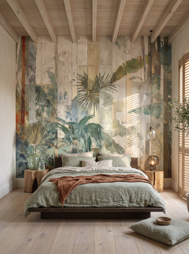 Fototapeta artystyczna o nazwie TROPICAL SANCTUM w aranżacji wnętrza: sypialnia wabi-sabi w domu z wapiennym tynkiem.