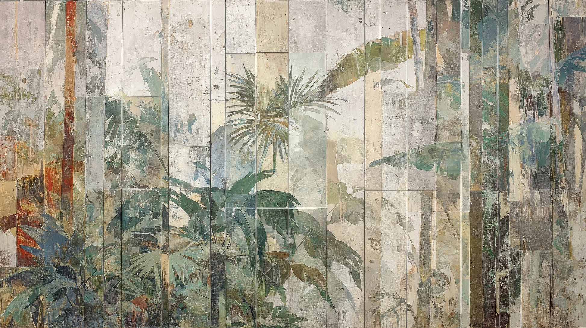 Prezentacja całego wzoru fototapety o nazwie TROPICAL SANCTUM - tapeta z artystycznym motywem egzotycznej roślinności