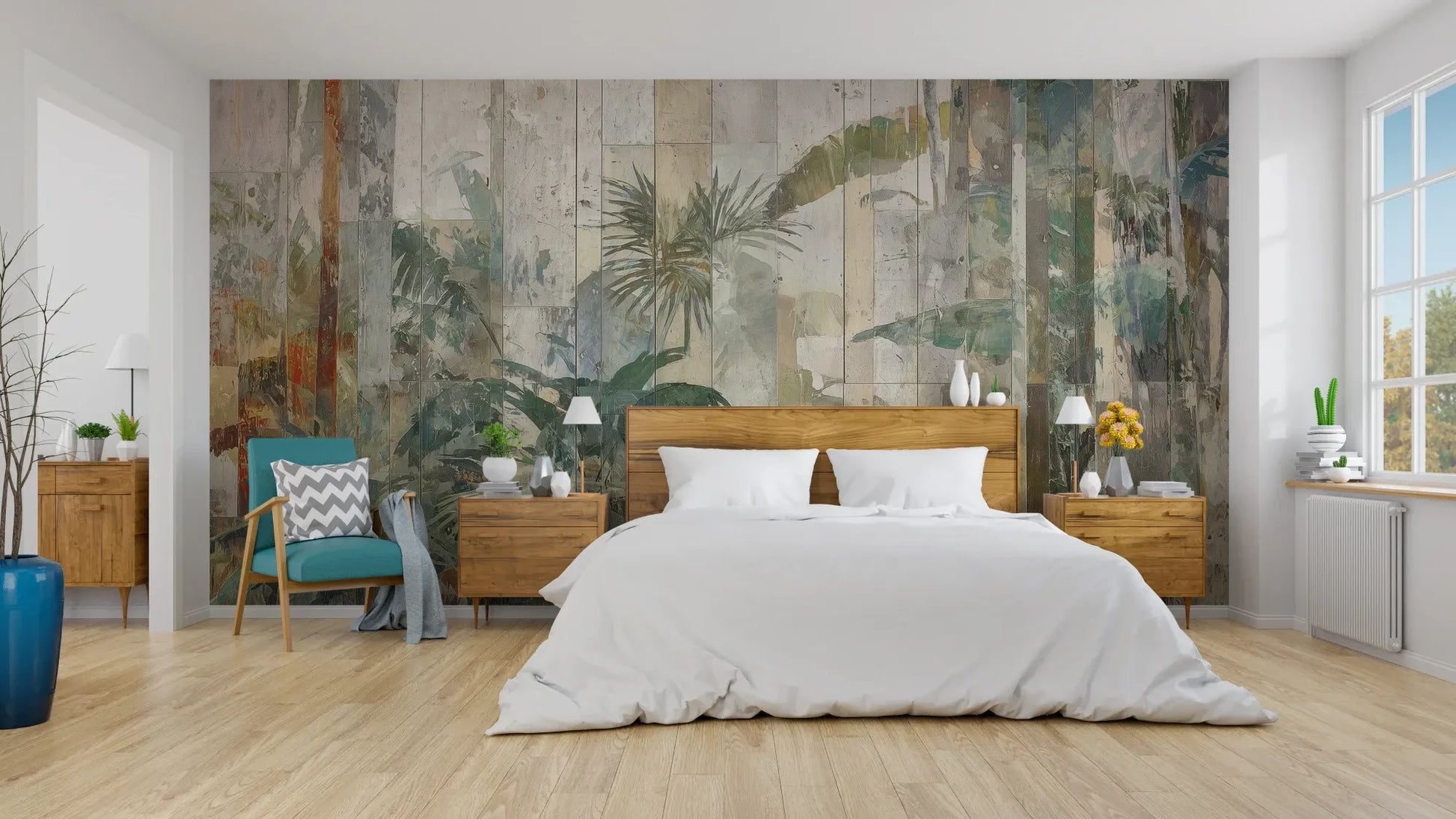 Wzór fototapety TROPICAL SANCTUM - tapeta z artystycznym motywem egzotycznej roślinności pokazanej w aranżacji sypialni.